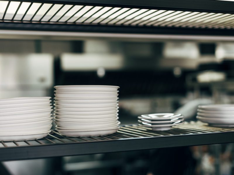 Stack of plates in a commercial kitchen